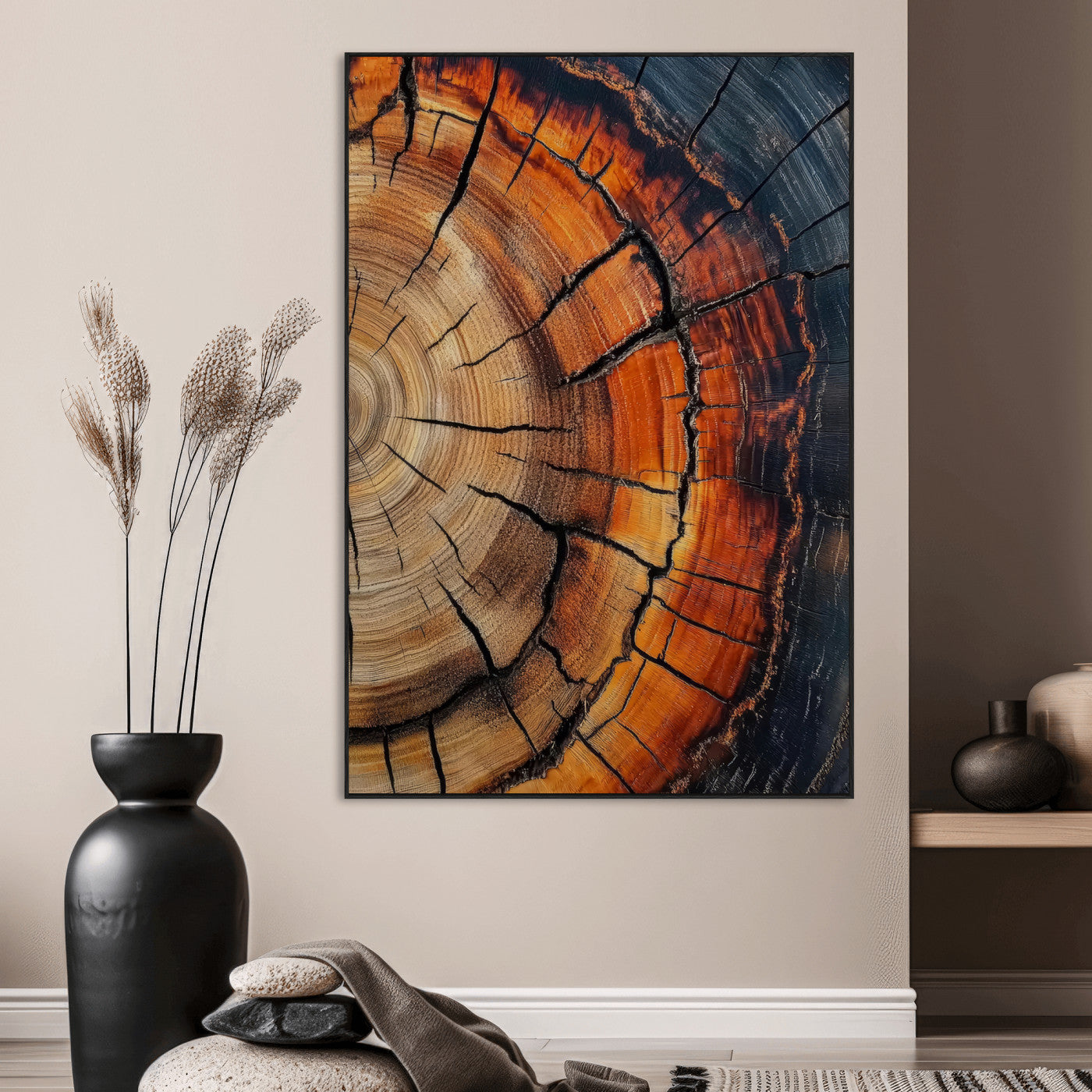 12078265-MGV-CV-24X36-Tree Rings Wall Art Canvas Print, Framed Burnt Wood Art Picture Print, Rustic Texture Perfect Rustic Earth Decor Artwork