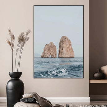 23148844-MGV-CV-24X36-Faraglioni Capri Wall Art Canvas Print, Framed Serene Ocean Art Picture Print, Mediterranean Coastal Perfect Mediterranean