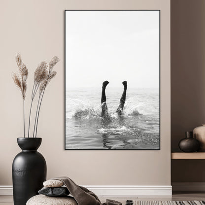 43900465-SEG-FC-51X34_Oversize_Oversize-Minimal Ocean Wall Art Canvas Print, Framed Monochrome Diving Art Picture Print, Swimmer in Sea Perfect Minimalist Coastal Decor