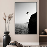 99497106-SEG-FC-51X34_Oversize_Oversize-Cliff Jumping Wall Art Canvas Print, Framed Black White Ocean Art Picture Print, Monochrome Cliff Perfect Minimalist Adventure
