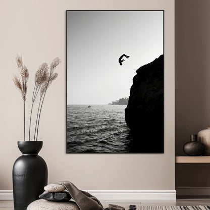 99497106-SEG-FC-51X34_Oversize_Oversize-Cliff Jumping Wall Art Canvas Print, Framed Black White Ocean Art Picture Print, Monochrome Cliff Perfect Minimalist Adventure