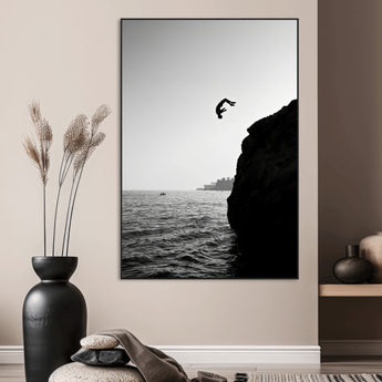 99497106-MGV-CV-24X36-Cliff Jumping Wall Art Canvas Print, Framed Black White Ocean Art Picture Print, Monochrome Cliff Perfect Minimalist Adventure