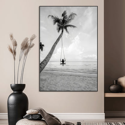 78460277-MGV-CV-24X36-Black White Palms Wall Art Canvas Print, Framed Beach Swing Art Picture Print, Monochrome Coastal Perfect Minimalist Coastal Decor