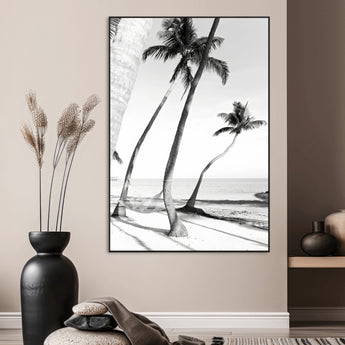 50406026-SEG-FC-51X34_Oversize_Oversize-Black White Palms Wall Art Canvas Print, Framed Tropical Beach Art Picture Print, Minimalist Coastal Perfect Coastal Minimalist