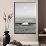 96234442-MGV-CV-24X36-Black White Ocean Scene Wall Art Canvas Print, Framed Full Moon Over Sea Art Picture Print, Tranquil Coastal Canvas Perfect