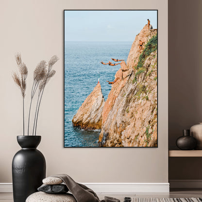 74527880-SEG-FC-51X34_Oversize_Oversize-Cliff Divers Wall Art Canvas Print, Framed Ocean Adventure Art Picture Print, Coastal Movement Perfect Adventurous Coastal Decor