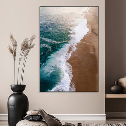46042804-SEG-FC-51X34_Oversize_Oversize-Aerial Beach Wall Art Canvas Print, Framed Coastal Waves Art Picture Print, Turquoise Ocean Perfect Modern Coastal Decor Artwork