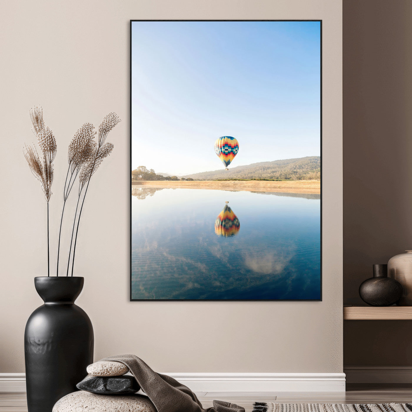 98091684-SEG-FC-51X34_Oversize_Oversize-Hot Air Balloon Wall Art Canvas Print, Framed Flight Reflection Art Picture Print, Peaceful Lakeside Perfect Modern Minimalist