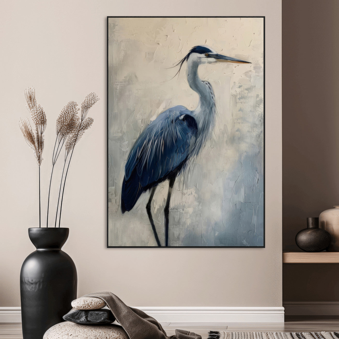 51380726-SEG-FC-51X34_Oversize_Oversize-Blue Heron Decor Wall Art Canvas Print, Framed Coastal Bird Design Art Picture Print, Minimal Heron Portrait Perfect Coastal