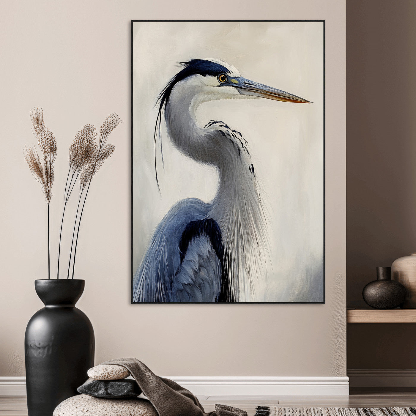 79581184-SEG-FC-51X34_Oversize_Oversize-Blue Heron Wall Art Canvas Print, Framed Elegant Wildlife Art Picture Print, Minimalist Bird Theme Perfect Coastal Minimalist