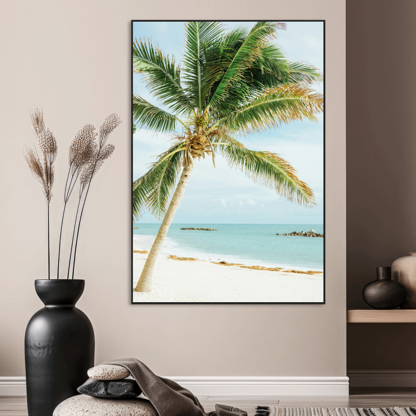 83804429-SEG-FC-51X34_Oversize_Oversize-Palm Tree Wall Art Canvas Print, Framed Tropical Beach Art Picture Print, Soft Sand Perfect Tropical Coastal Decor Artwork