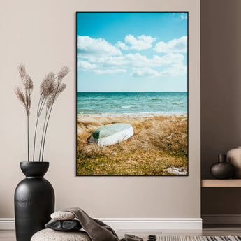 21725303-MGV-CV-24X36-Coastal Serenity Wall Art Canvas Print, Framed Ocean View Art Picture Print, Rustic Boat Perfect Nautical Coastal Decor Artwork