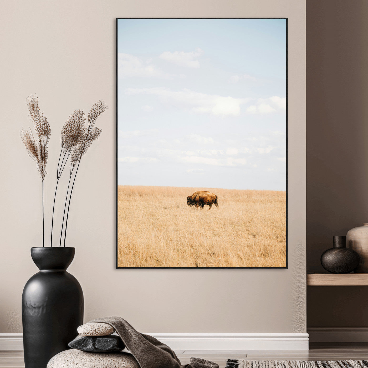 96766166-MGV-CV-24X36-Minimalist Nature Wall Art Canvas Print, Framed Bison In Grassland Art Picture Print, Open Field Perfect Modern Ranch Decor Decor