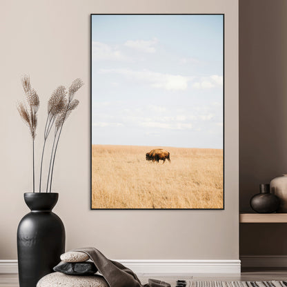 96766166-MGV-CV-24X36-Minimalist Nature Wall Art Canvas Print, Framed Bison In Grassland Art Picture Print, Open Field Perfect Modern Ranch Decor Decor