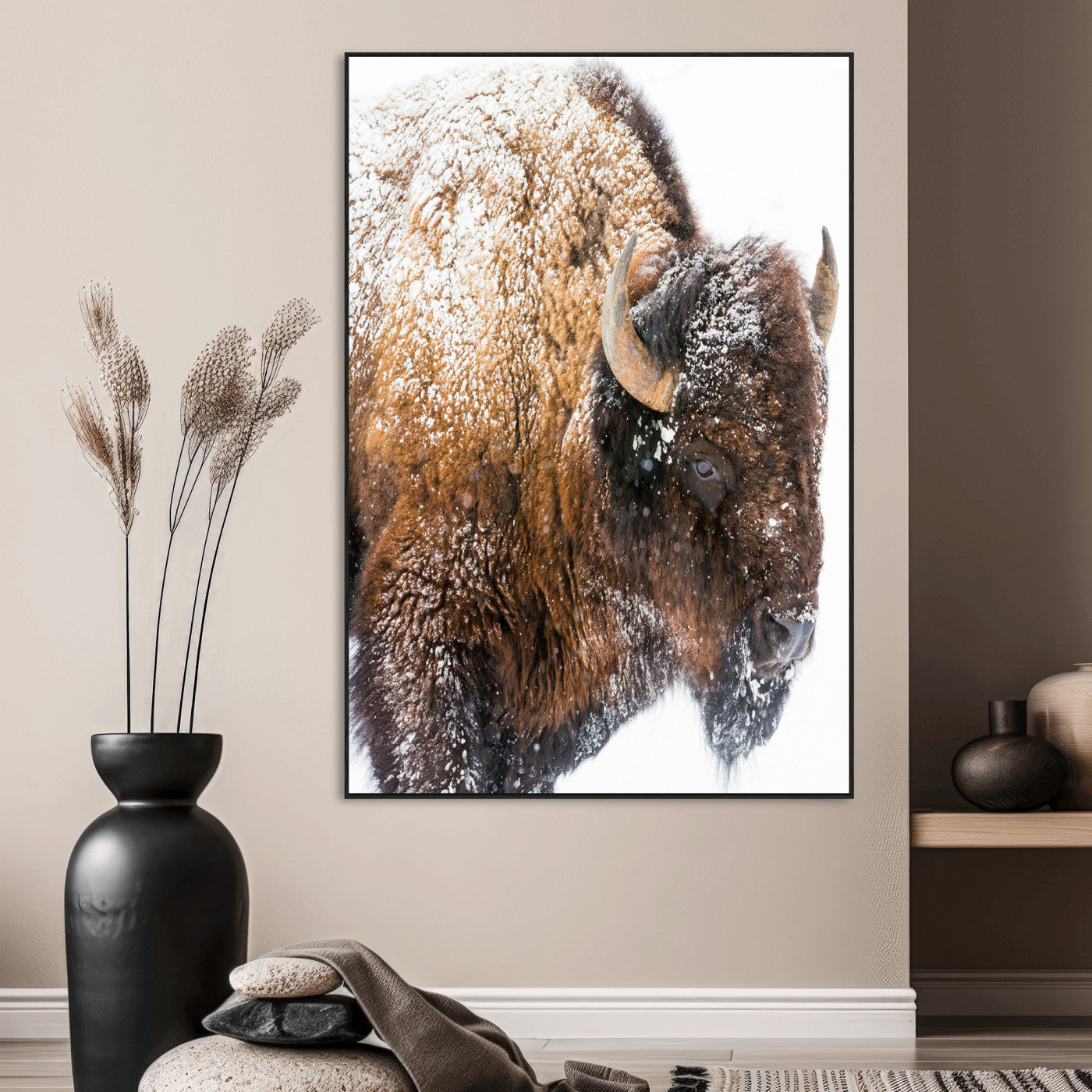 27690436-MGV-CV-24X36-Snowy Buffalo Wall Art Canvas Print, Framed Wildlife Photography Art Picture Print, Rustic Lodge Perfect Rustic Lodge Decor Decor