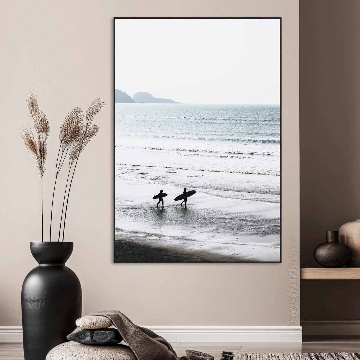 58090796-MGV-CV-24X36-Surfer Silhouettes Wall Art Canvas Print, Framed Minimalist Ocean Art Picture Print, Soft Horizon Perfect Minimalist Coastal Decor