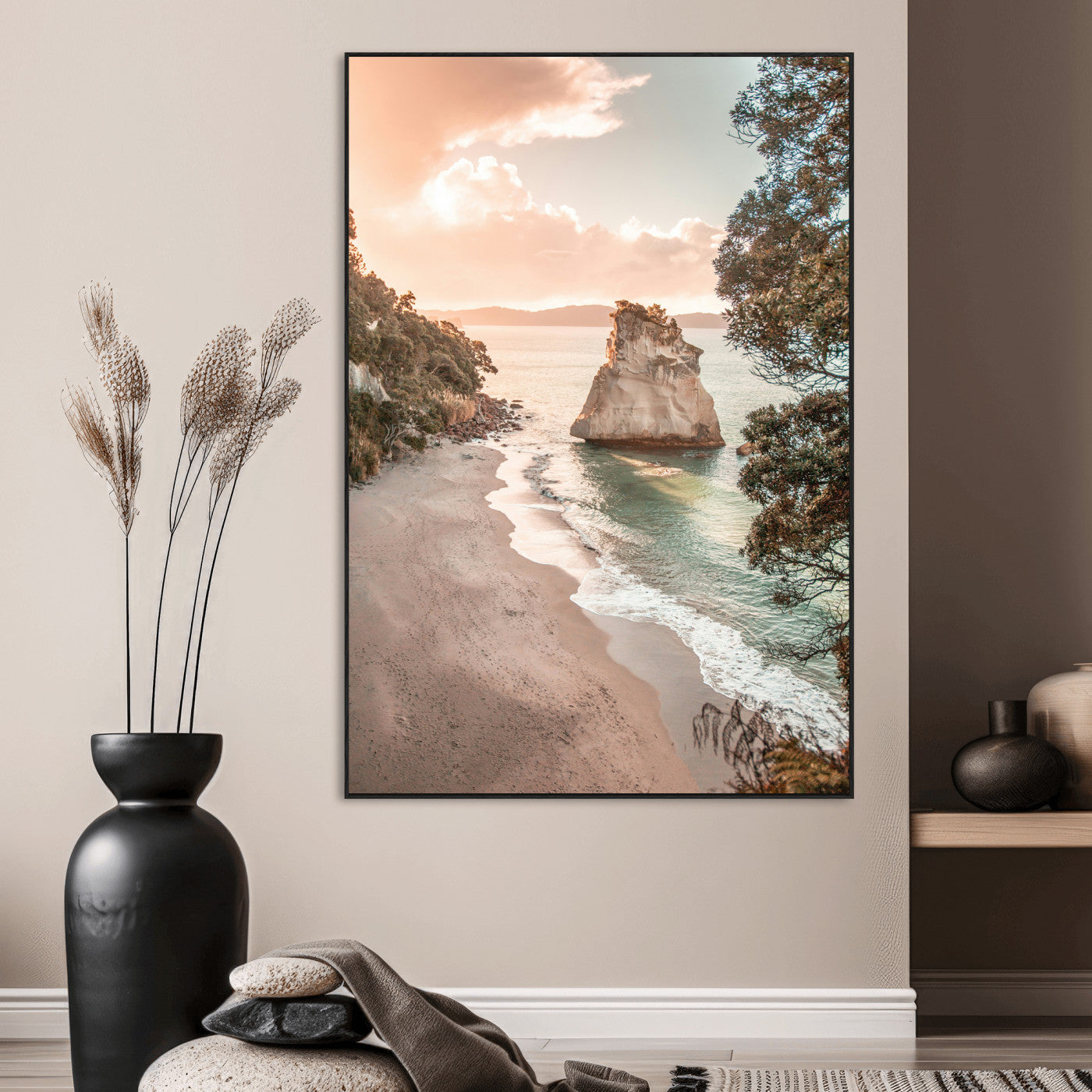 34220311-MGV-CV-24X36-Coastal Rock Wall Art – Sunset Beach Canvas Print with Ocean Waves and Golden Light, Scenic Seaside Photography for Bedroom,