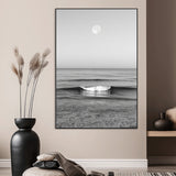 10207552-MGV-CV-24X36-Minimalist Ocean Moon Wall Art – Black and White Seascape Photography Print, Coastal Decor, Calm Ocean Waves with Full Moon for