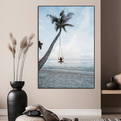 62893825-MGV-CV-24X36-Tropical Palm Tree Swing Wall Art – Ocean Beach Photography Print, Coastal Decor, Wanderlust Travel Photo for Boho Homes & Beach