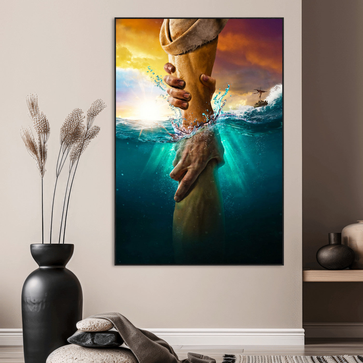 68298058-MGV-CV-24X36-Inspirational Wall Art – Helping Hands Canvas Print, Powerful Ocean and Light Photography Decor for Bedroom, Living Room, Office