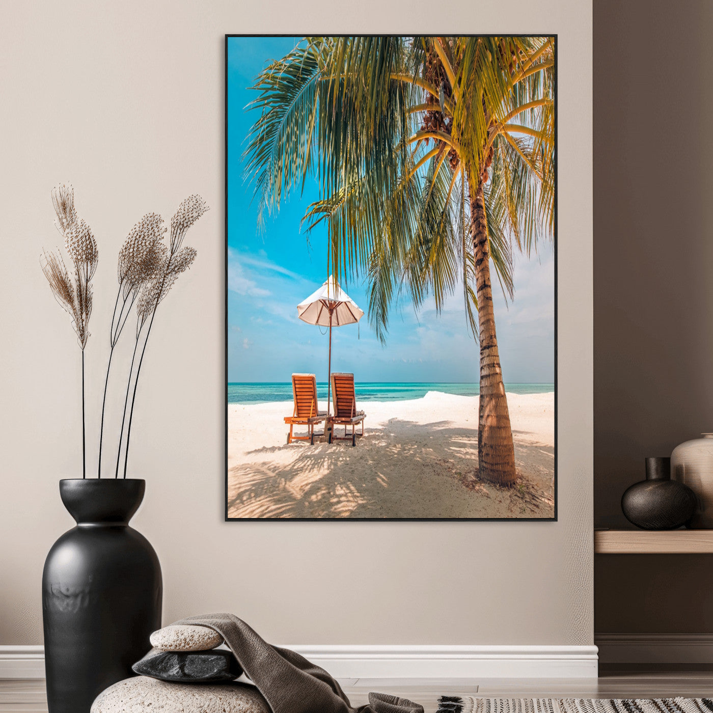 51024-MGV-CV-24X36-Tropical Beach Wall Art Canvas Print, Framed Palm Tree Art Picture Print, Sandy Shoreline Perfect Minimalist Coastal Decor Artwork