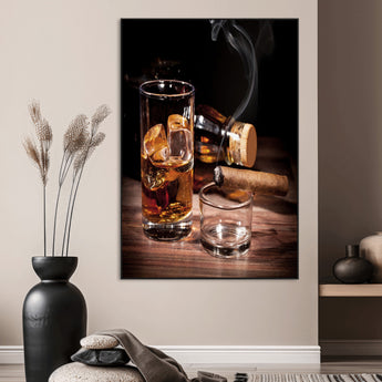 13274-MGV-CV-24X36-Whiskey Glass Wall Art Canvas Print, Framed Smoking Cigar Art Picture Print, Amber Whiskey Perfect Masculine Rustic Decor Artwork