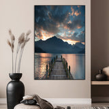 16043-MGV-CV-24X36-Mountain Lake Wall Art Canvas Print, Framed Sunset Reflection Art Picture Print, Calm Horizon Perfect Moody Nature Decor Artwork