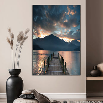16043-MGV-CV-24X36-Mountain Lake Wall Art Canvas Print, Framed Sunset Reflection Art Picture Print, Calm Horizon Perfect Moody Nature Decor Artwork
