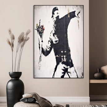 64032-MGV-CV-24X36-Flower Thrower Wall Art Canvas Print, Framed Urban Protest Art Picture Print, Graffiti Style Perfect Urban Contemporary Decor
