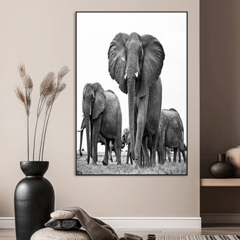 79634-MGV-CV-24X36-Elephant Herd Wall Art Canvas Print, Framed African Elephant Art Picture Print, Monochrome Wildlife Perfect Monochrome Safari