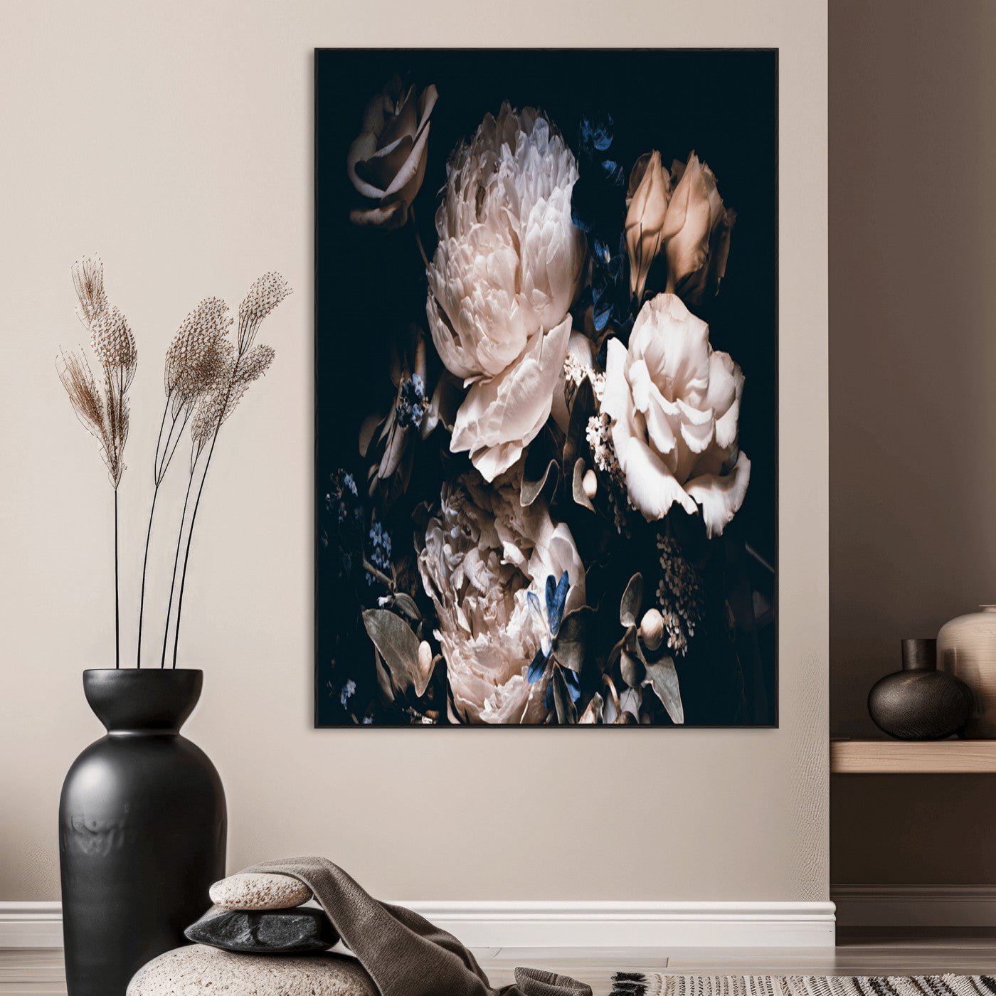 47195-MGV-CV-24X36-Moody Peonies Wall Art Canvas Print, Framed Dark Floral Art Picture Print, Creamy Rose Perfect Baroque Floral Decor Artwork