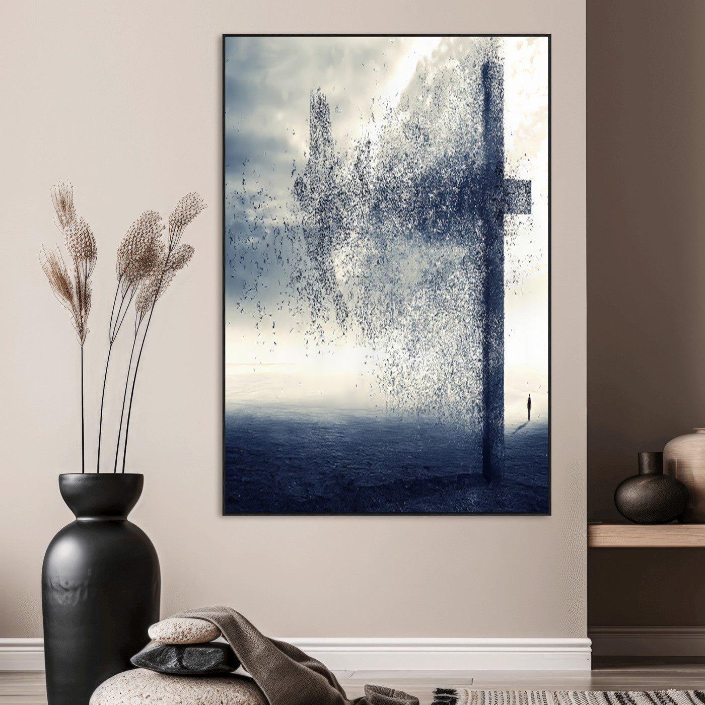 98984-MGV-CV-24X36-Disintegrating Cross Wall Art Canvas Print, Framed Abstract Symbol Art Picture Print, Conceptual Horizon Perfect Spiritual