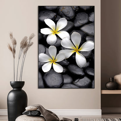 45657-MGV-CV-24X36-Large Wall Art White Flowers on Black Zen Meditation Stones Vertical Canvas Print