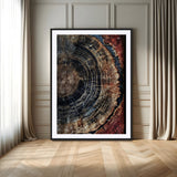Test1-MGC-FP-24x36_Black-Rustic Tree Ring Wall Art – Abstract Wood Grain Canvas Print, Natural Blue and Red Toned Artwork for Living Room, Bedroom, Office