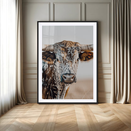 50803532-MGC-FP-24x36-Texas Longhorn Wall Art Canvas Print, Framed Speckled Cow Art Picture Print, Horned Bull Perfect Rustic Western Decor Artwork