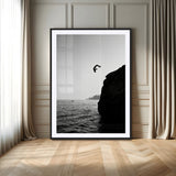 99497106-MGC-FP-24x36_Black-Cliff Jumping Wall Art Canvas Print, Framed Black White Ocean Art Picture Print, Monochrome Cliff Perfect Minimalist Adventure