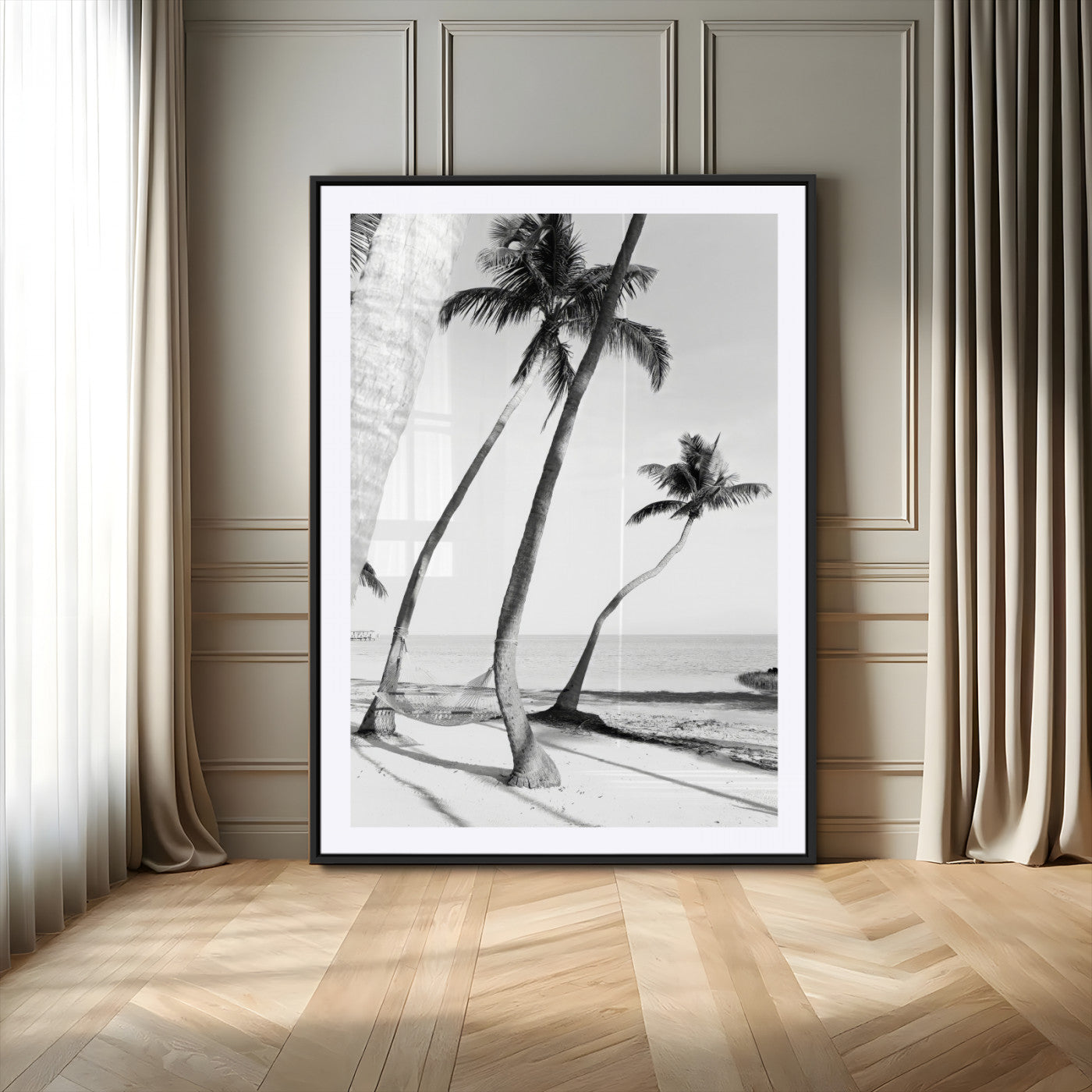 50406026-MGC-FP-24x36-Black White Palms Wall Art Canvas Print, Framed Tropical Beach Art Picture Print, Minimalist Coastal Perfect Coastal Minimalist