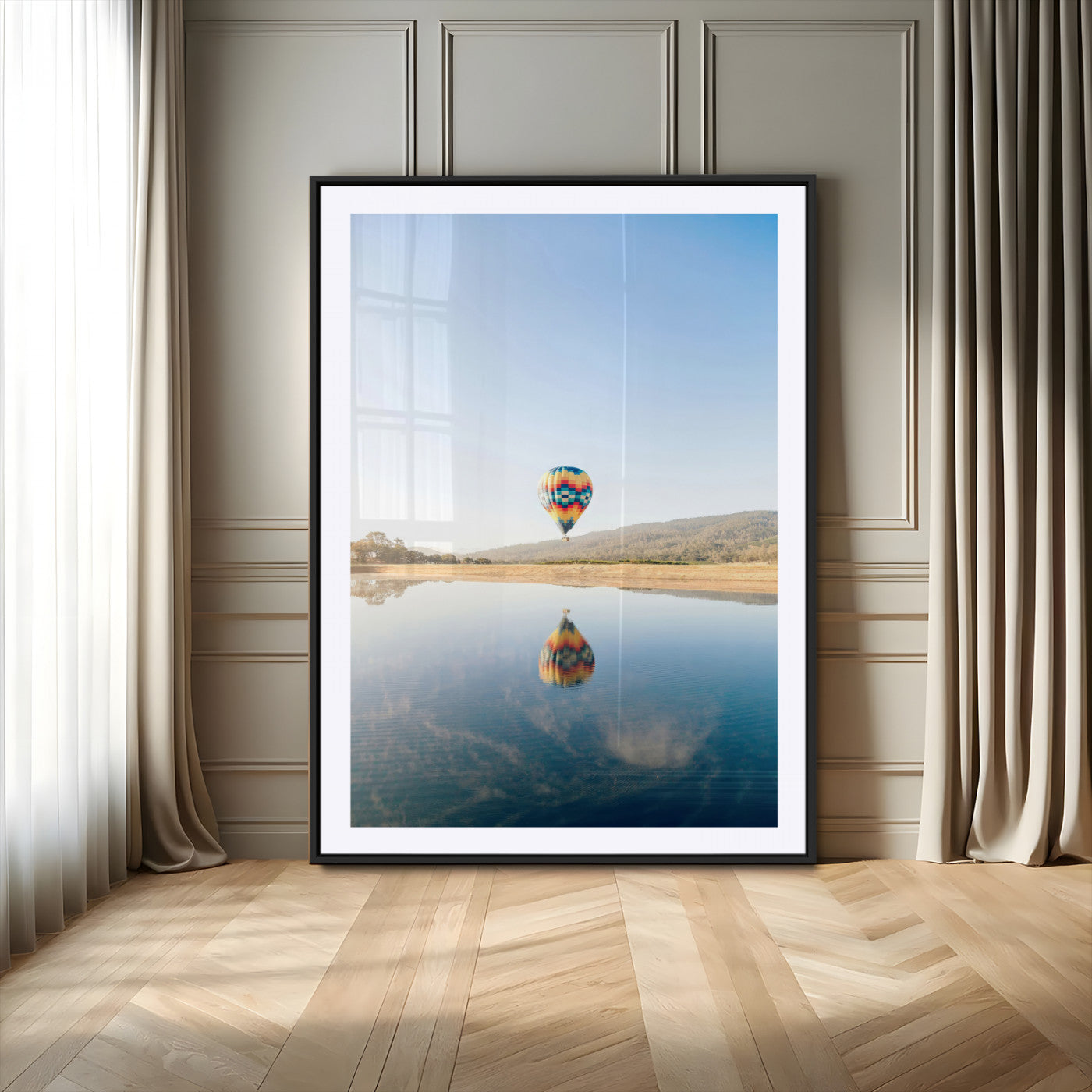 98091684-MGC-FP-24x36-Hot Air Balloon Wall Art Canvas Print, Framed Flight Reflection Art Picture Print, Peaceful Lakeside Perfect Modern Minimalist
