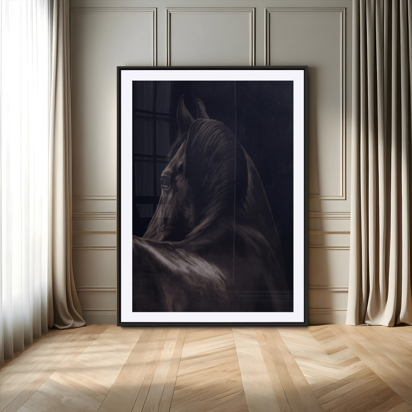 67026880-MGV-CV-24X36-Black Horse Portrait Wall Art Canvas Print, Framed Moody Horse Decor Art Picture Print, Equestrian Wall Style Perfect Masculine