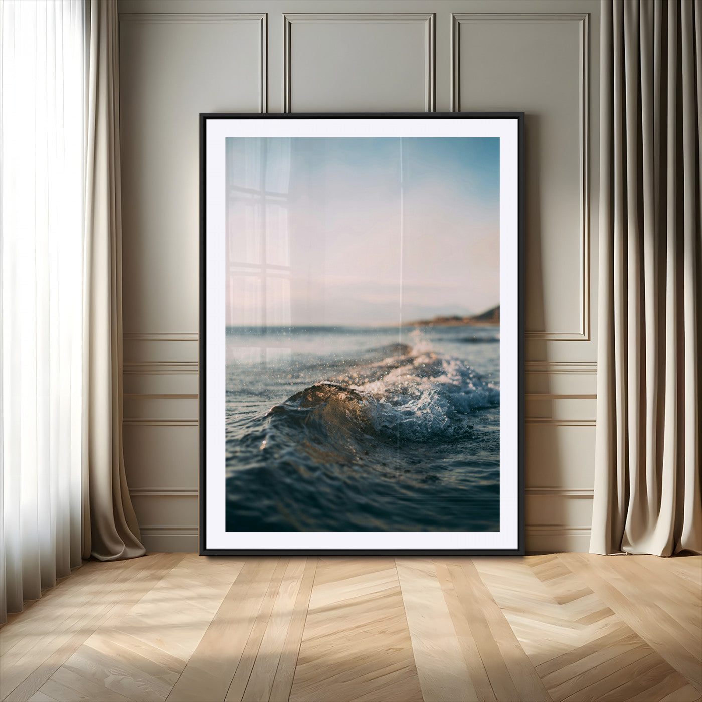 65283502-MGC-FP-24x36-Ocean Waves Wall Art Canvas Print, Framed Coastal Serenity Art Picture Print, Golden Hour Perfect Modern Coastal Decor Artwork