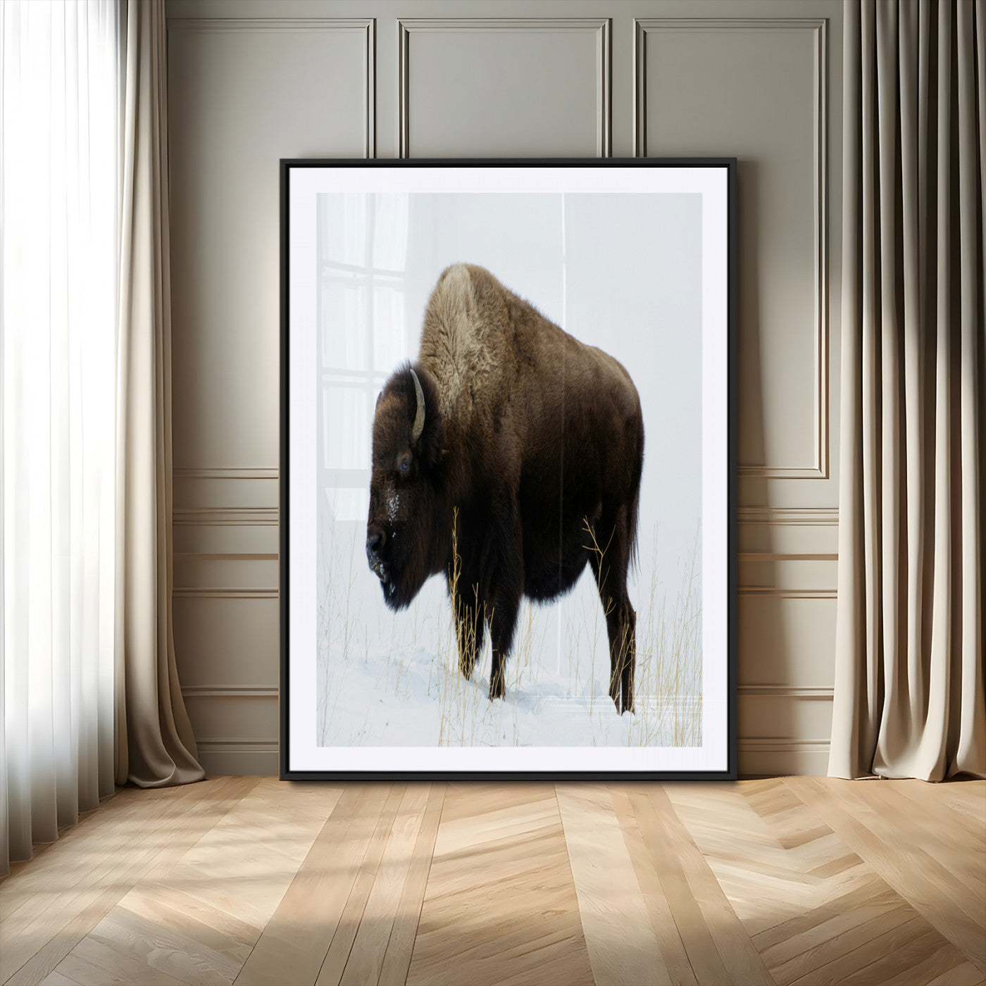 76778120-MGV-CV-24X36-Bison Photography Wall Art Canvas Print, Framed Western Wildlife Art Picture Print, Buffalo On Snow Perfect Western Rustic Decor