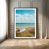 21725303-MGV-CV-24X36-Coastal Serenity Wall Art Canvas Print, Framed Ocean View Art Picture Print, Rustic Boat Perfect Nautical Coastal Decor Artwork