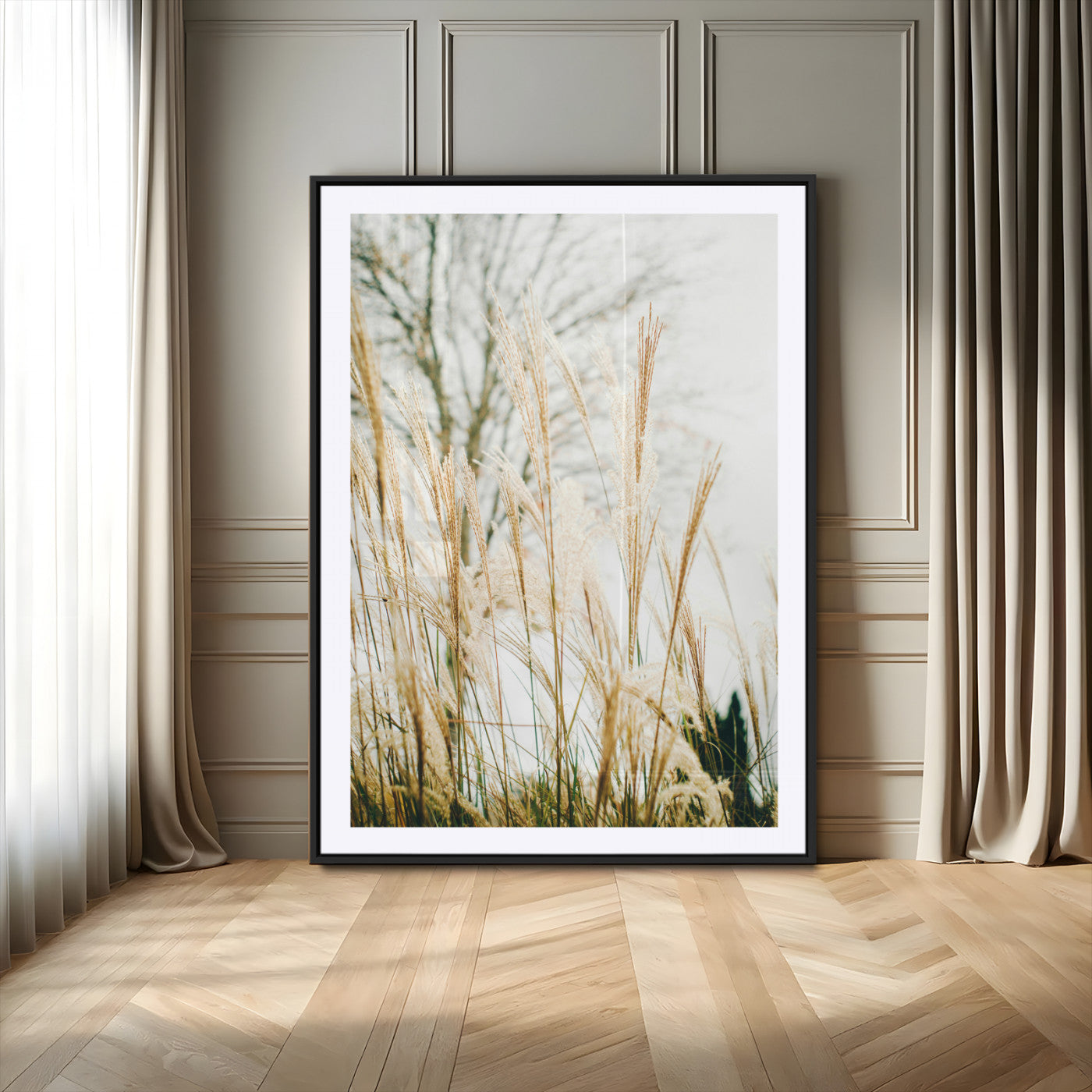 17571705-MGC-FP-24x36-Pampas Grass Wall Art Canvas Print, Framed Neutral Tones Art Picture Print, Minimalist Nature Perfect Boho Minimalist Decor