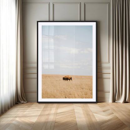 96766166-MGV-CV-24X36-Minimalist Nature Wall Art Canvas Print, Framed Bison In Grassland Art Picture Print, Open Field Perfect Modern Ranch Decor Decor