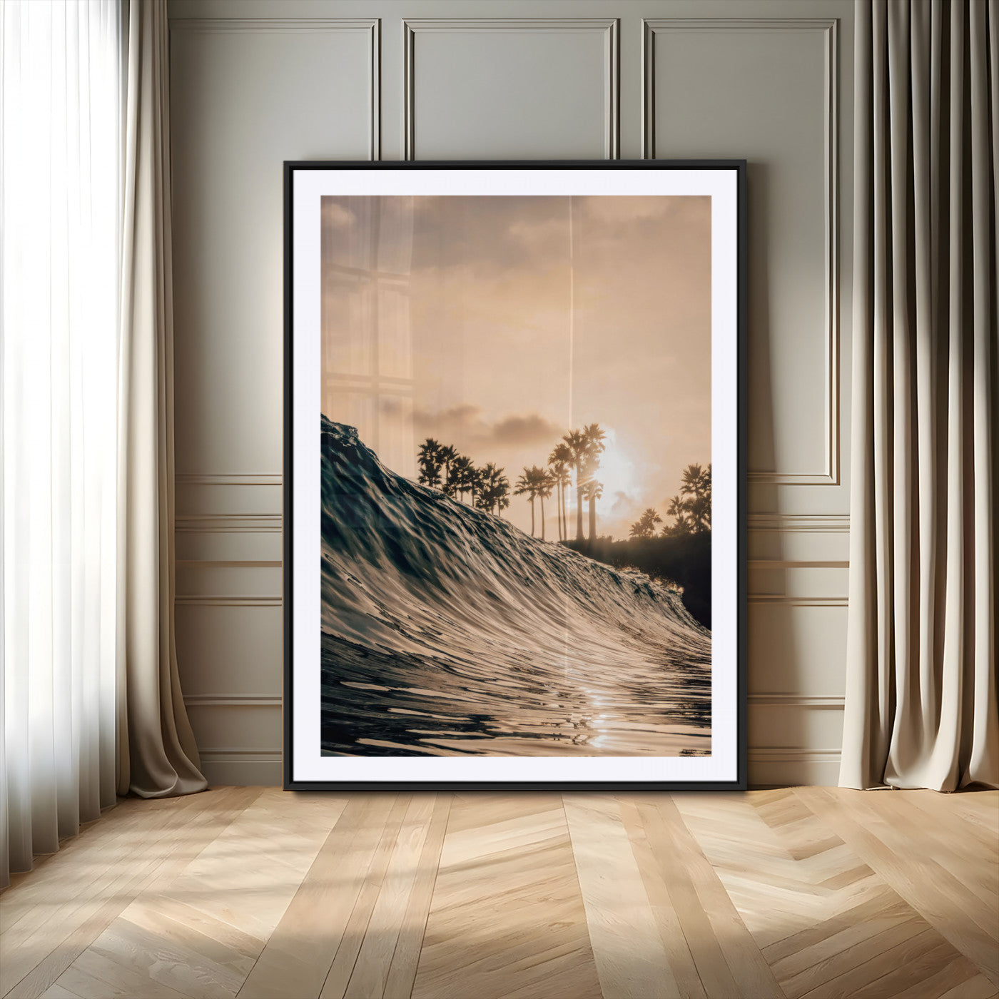 80487302-MGC-FP-24x36_Black-Coastal Sunset Wall Art – Golden Ocean Wave and Palm Trees Canvas Print, Tropical Photography Decor for Bedroom, Living Room,