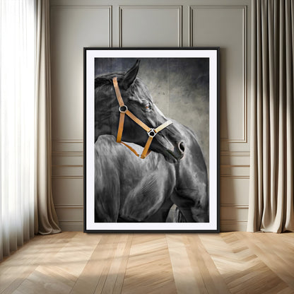 40324916-MGV-CV-24X36-Horse Wall Art – Equestrian Canvas Print, Elegant Black Stallion Portrait with Golden Halter, Rustic Western Photography Decor for