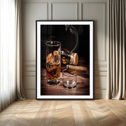 13274-MGV-CV-24X36-Whiskey Glass Wall Art Canvas Print, Framed Smoking Cigar Art Picture Print, Amber Whiskey Perfect Masculine Rustic Decor Artwork