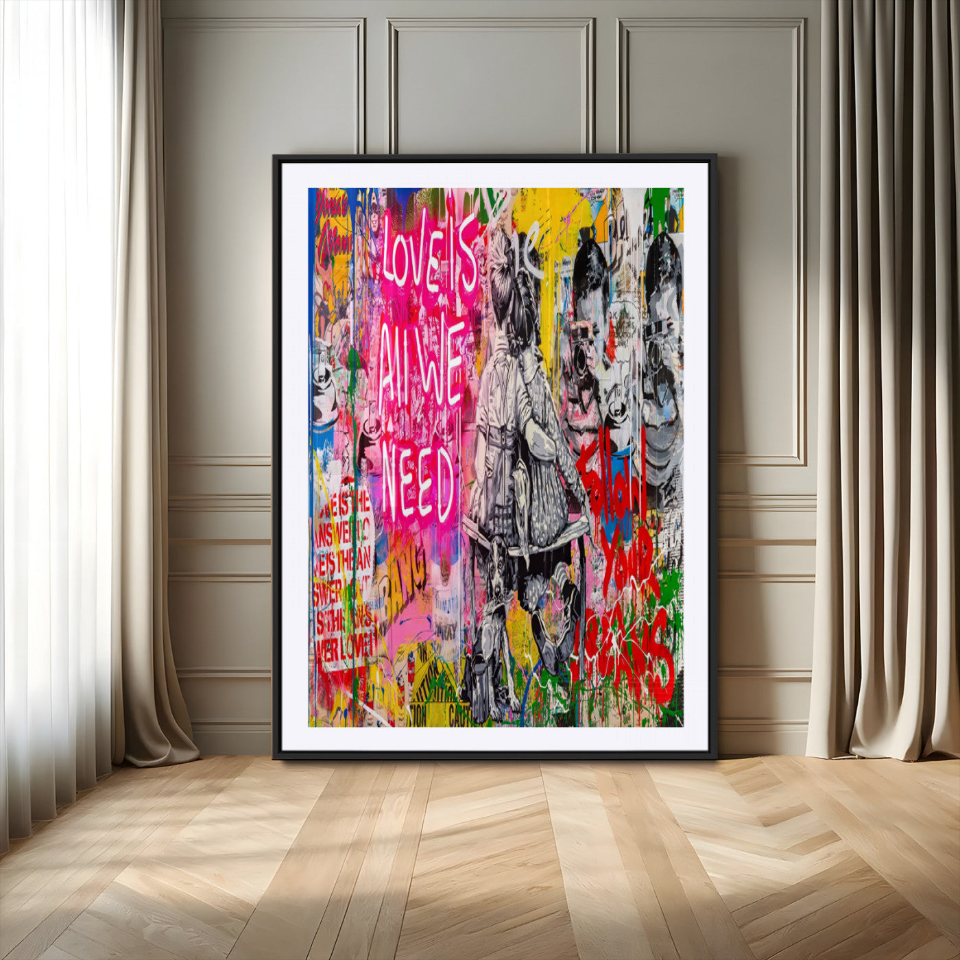 23129-MGV-CV-24X36-Street Love Wall Art Canvas Print, Framed Pop Graffiti Art Picture Print, Neon Lettering Perfect Urban Pop Decor Artwork