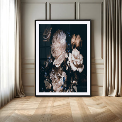 47195-MGV-CV-24X36-Moody Peonies Wall Art Canvas Print, Framed Dark Floral Art Picture Print, Creamy Rose Perfect Baroque Floral Decor Artwork