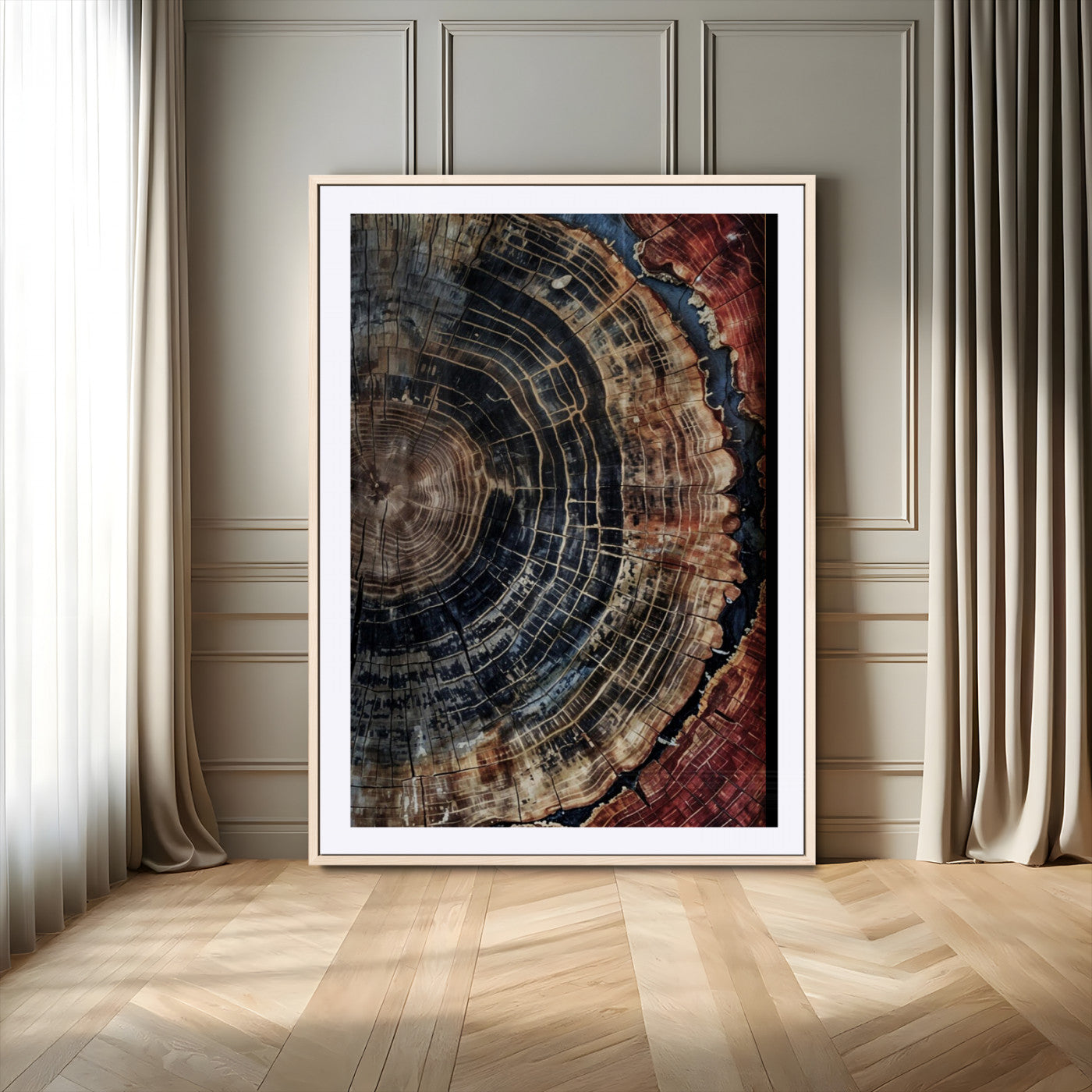 Test1-MGV-CV-24X36-Rustic Tree Ring Wall Art – Abstract Wood Grain Canvas Print, Natural Blue and Red Toned Artwork for Living Room, Bedroom, Office